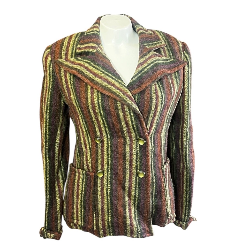 Vintage Striped Double Breasted Blazer Jacket Burgundy Green Yellow